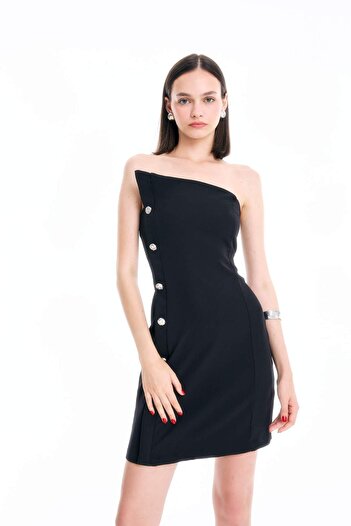 DeFacto Fitted/vücuda Oturan Asimetrik Yaka Süs Düğmeli Dokuma Mini Elbise D3269axns