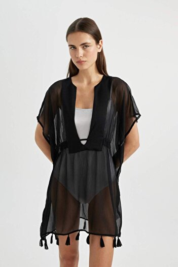 DeFacto Black Chiffon Kimono-Fall in Love Z9958Az24Sm