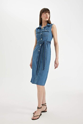 DeFacto Rochie Midi Jean cu centură, fără mâneci, cu guler de cămașă B5432AX24SM