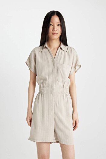 DeFacto Shirt Collar Striped Linen Short Sleeve Jumpsuit C5995Ax24Sm