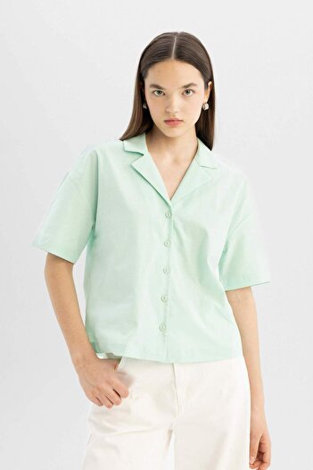 DeFacto Πουκάμισο πιτζάμα Oversize Flamed Cotton - Κοντό μανίκι, Πυτζάμα γιακά C0743ax24sm