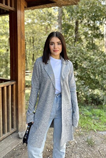 NEW LAVİVA Women's Gray Long Sleeve, Textured Fabric, Laser Cut, Double Pocket Long Jacket Cardigan - Suitable for Hijab