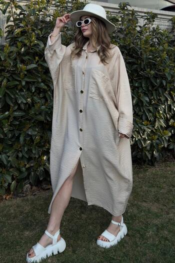 NEW LAVİVA Women's Beige Bat Sleeve, Back Pleat, Double Pockets, Long Oversize Loose Shirt Dress