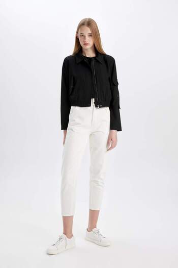 DeFacto Shirt Collar Basic Plain Zipper Bomber Jacket with Snap Pockets C4542Ax24Sp