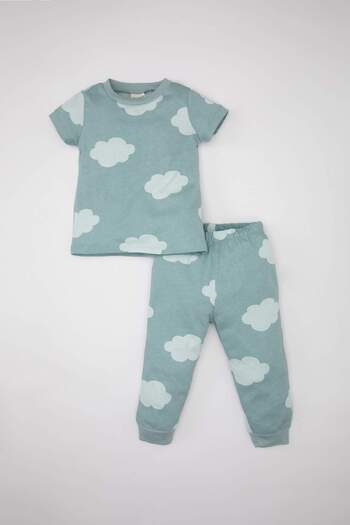 DeFacto Baby Boy Pajamas Set Combed Cotton Pattern Short Sleeve Top Elastic Waist Long Bottom C1993A524Sm