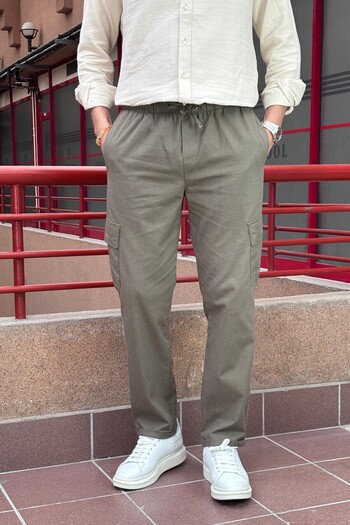 inpool Men'S, Elastic Waist, Ribbed Detail, Cotton, Linen Woven, Regular Fit, Cargo Pocket Pants Inp293