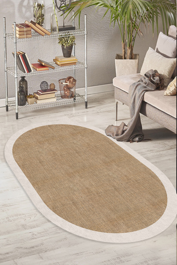 Decomia Home Dijital Kaymaz Yıkanabilir Bej Salon Halısı Mutfak Halısı Koridor Halısı Oval Halı Yolluk-d7024