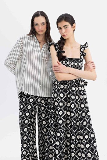 DeFacto Lug Von Siga X 100% Linen Oversize Striped Long Sleeve Shirt D1973Ax24Sm