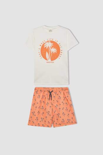 DeFacto 2-teiliges Set aus kurzärmligem T-Shirt und Badeshorts mit Palmenmuster für Jungen – C1256a824hs