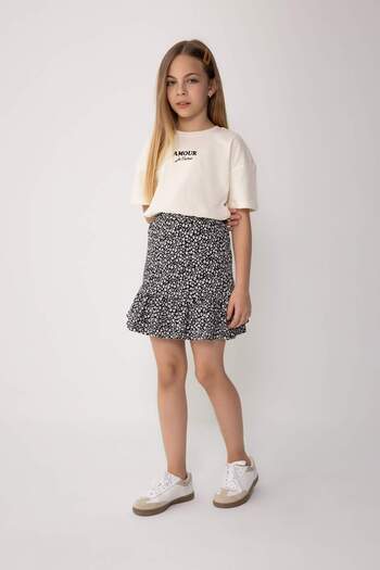 DeFacto Girls' 2-Piece Set Crew Neck Printed Short Sleeve T-Shirt Floral Skirt C5354A824Hs