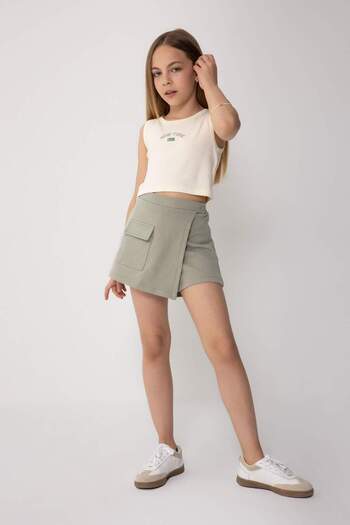DeFacto Girl's 2 Piece Set Ribbed Camisole Printed Undershirt Top Elastic Waist Shorts Skirt C7501A824Sm