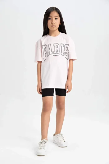 DeFacto Girls' 2-Piece Set of Crew Neck Printed Short-Sleeved T-Shirt and Leggings C5361A824Hs