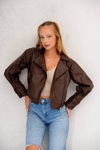 İLKCET MODA Balloon Sleeve Brown Oversize Women's Leather Jacket