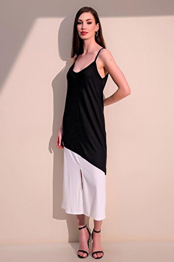NEW LAVİVA Women's Black & White Comfortable Asymmetrical Block Slit Strap Long Dress