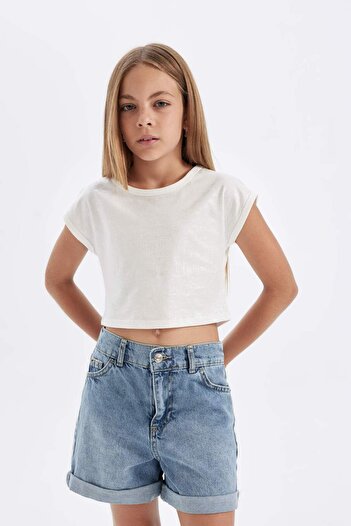 DeFacto Girls Slim Fit Slim Fit Crew Neck Ribbed Camisole Short Sleeve T-Shirt C5467A824Sm