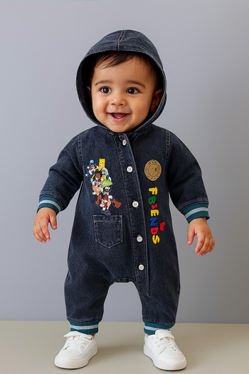 CROCODAYS Unisex Kids Baby Jeans (Jeans) Printed Hooded Jumpsuit (3/6/9/12/18/24) Month