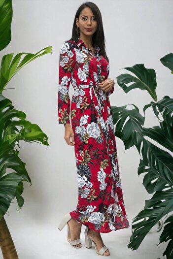 NEW LAVİVA Women's Red Patterned Floral Long Shirt Dress - Long Sleeve Waist Belt Detail Suitable for Hijab