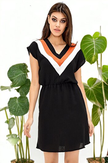 NEW LAVİVA Women's Black V-Neck Blocky Short Sleeve Laptop Aerobin Dress Short Sleeve Waist Rubber Detailed Dress