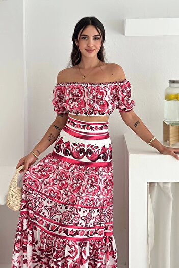 AsprinFashion Desenli Crop Etek Takım Kırmızı