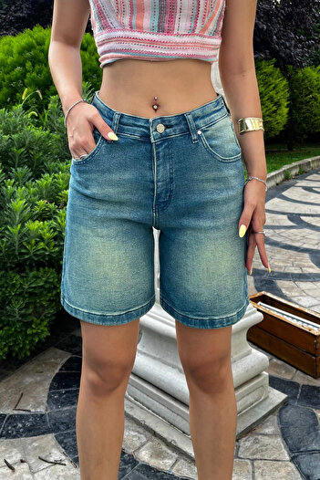BİKELİFE Women's Snow Wash Faded Effect High Waist Denim Shorts