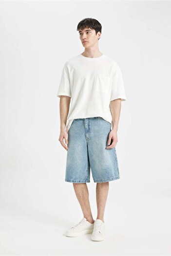 DeFacto 100% Cotton Baggy Jean Bermuda Shorts C2048Ax24Sm