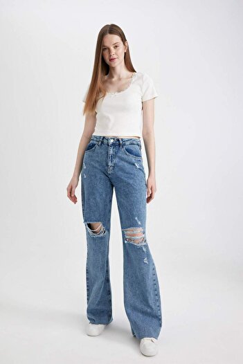 DeFacto 90s Wide Leg Ripped Detail High Waist Wide Leg Long Jean Trousers C2385AX24SM