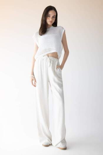 DeFacto Wide Leg Double Pocket High Waist Standard Length Linen Blended Pants C6021AX24SM
