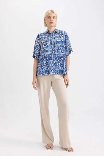 DeFacto Straight Fit Pocket High Waist Wide Leg Linen Blended Trousers B4211AX24SM