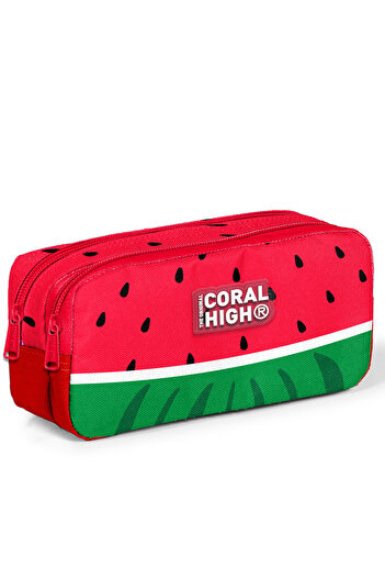 Coral High Red Green Watermelon Patterned Two Compartment Pencil Bag 12119