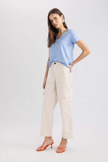 DeFacto Straight Fit Cargo Pocket High Waist Wide Leg Gabardine Trousers A9200AX24SM