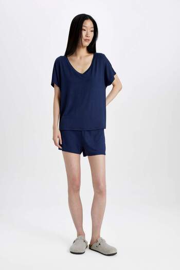 DeFacto V-Neck Short Sleeve Pajamas Set - Top Elastic Waist Shorts Bottom B8678Ax24Sm