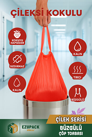 Ezupack 40 Lt ( 25 PAKET ) Avantaj Paket Orta Boy Çilek Kokulu Büzgülü Çöp Poşeti Çöp Torbası 250 Adet