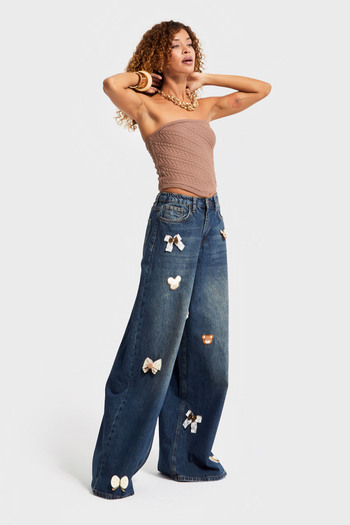 its basic Women's T.Jeans Color 2W5-8 Loose Wide Leg Mid Waist Object Detailed Special Design Denim Jean