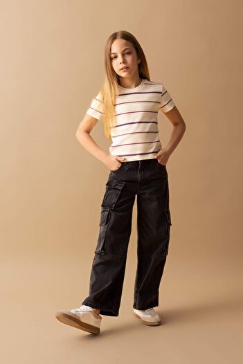 DeFacto Girls' Crew Neck Striped Short Sleeve T-Shirt C1800A824Sm