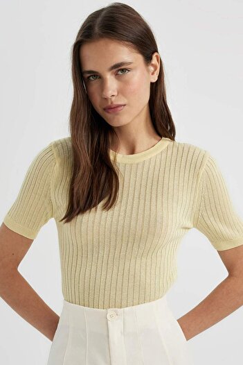 DeFacto Πλεκτό μπλουζάκι με κοντό μανίκι Crew Neck Rib C6017AX24SM