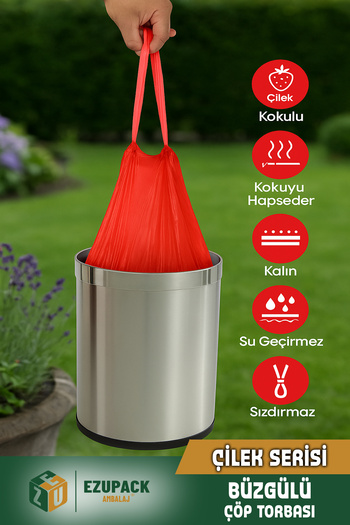 Ezupack 40 Lt ( 5 PAKET ) Avantaj Paket Orta Boy Çilek Kokulu Büzgülü Çöp Poşeti Çöp Torbası 50 Adet