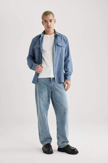 DeFacto Regular Fit Polo Neck Basic Plain Cotton Long Sleeve Shirt B2654Ax24Sp