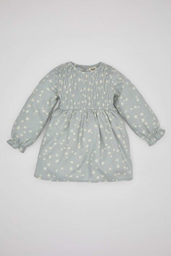 DeFacto Kız Bebek Çiçekli Uzun Kollu Twill Elbise C2411A524SP