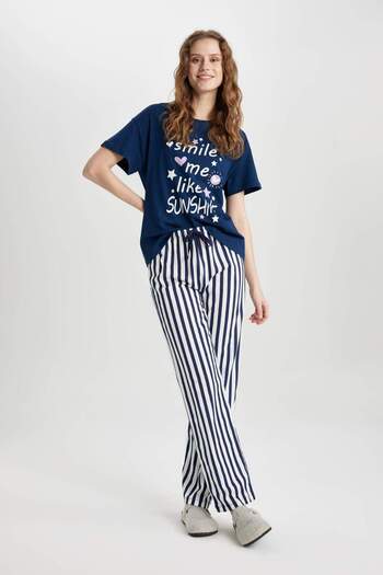 DeFacto Pajama Set to Fall in Love - Regular Fit, Printed, Short Sleeve, Stripe Long Bottom B6187Ax24Sp