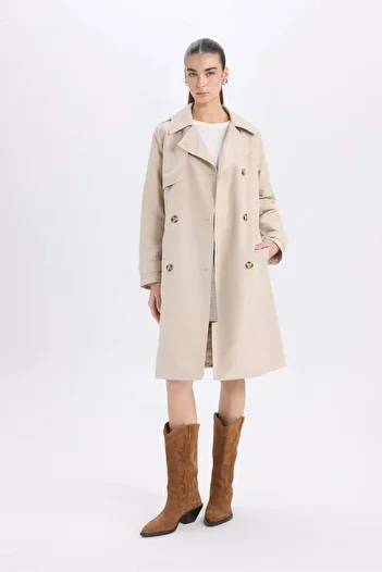 DeFacto Water Repellent Seasonal Trench Coat Double Breasted Lapel Button Pocket Belt Epaulettes A0593Ax24Sp
