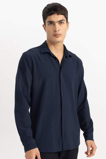 DeFacto Modern Fit Polo Neck Basic Plain Crinkle Long Sleeve Shirt B7384Ax24Sp
