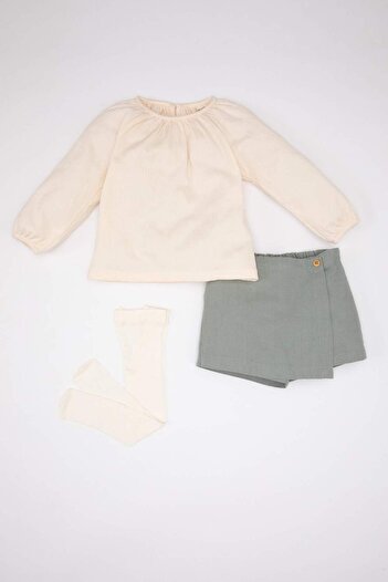 DeFacto Baby Girl 3 Piece Set Gabardine Blouse Shorts Skirt Socks B9621A524Sp