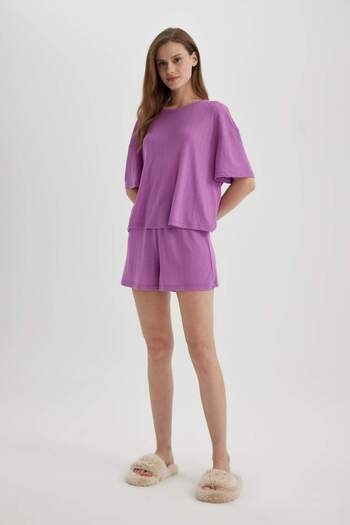 DeFacto Short Sleeve Pajamas Set to Fall in Love - Elastic Waist Shorts B6183Ax24Sp