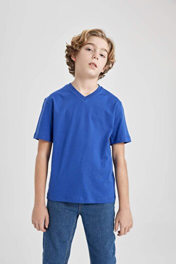 DeFacto Boy's White V Neck Short Sleeve Basic Plain School T-Shirt K1693A624Sm