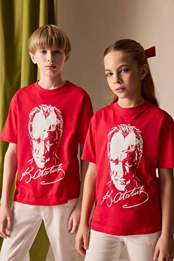 DeFacto Boy's Crew Neck Ataturk Printed Short Sleeve Red T-Shirt B6938A824Sm