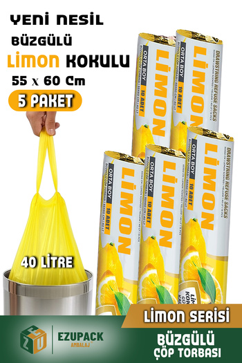 Ezupack 40 Lt ( 5 PAKET ) Avantaj Paket Orta Boy Limon Kokulu Büzgülü Çöp Poşeti Çöp Torbası 50 Adet
