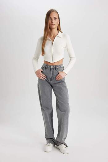 DeFacto Fitted Polo Neck Ribbed Camisole Crop Zipper Cardigan C4578Ax24Sm