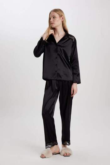 DeFacto Regular Fit Long Sleeve Satin Casual Pajama Top-Fall in Love B6198Ax24Sp