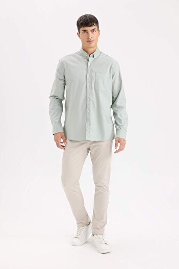 DeFacto 100% Cotton Regular Fit Polo Collar Oxford Basic Plain Long Sleeve Black Shirt A8028Ax24Sp