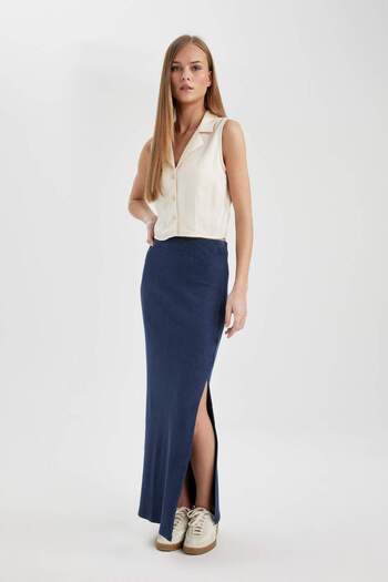 DeFacto Ribbed Camisole Slit Washable Faded Effect Maxi Skirt C1653Ax24Sp
